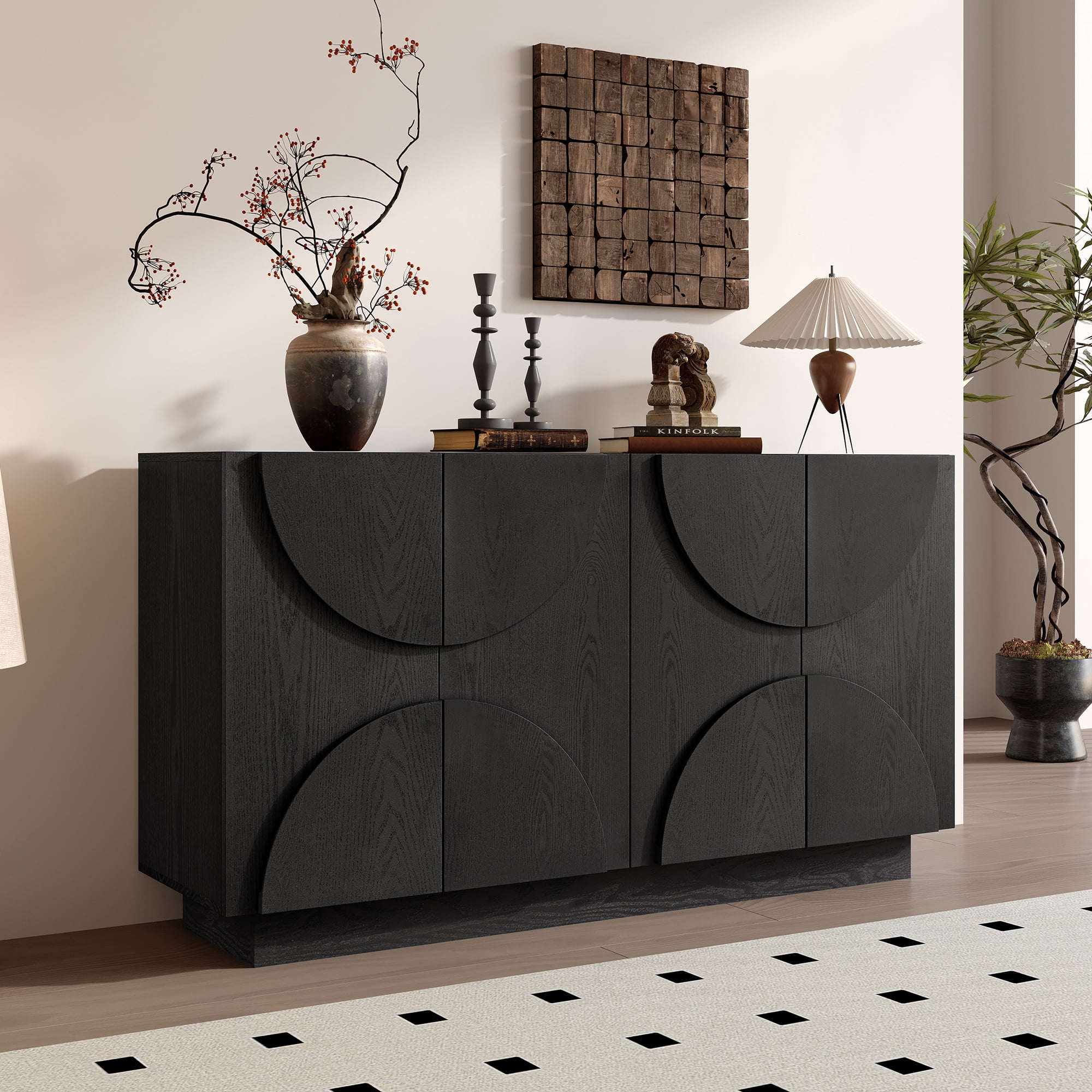PORKISS Sideboard Buffet Cabinet with Storage, Modern Coffee Bar Credenza with 4 Semi-Circular Doors, Wood Entryway Cabinet with 3-Level Adjustable Shelves for Dining Room, Kitchen, Black