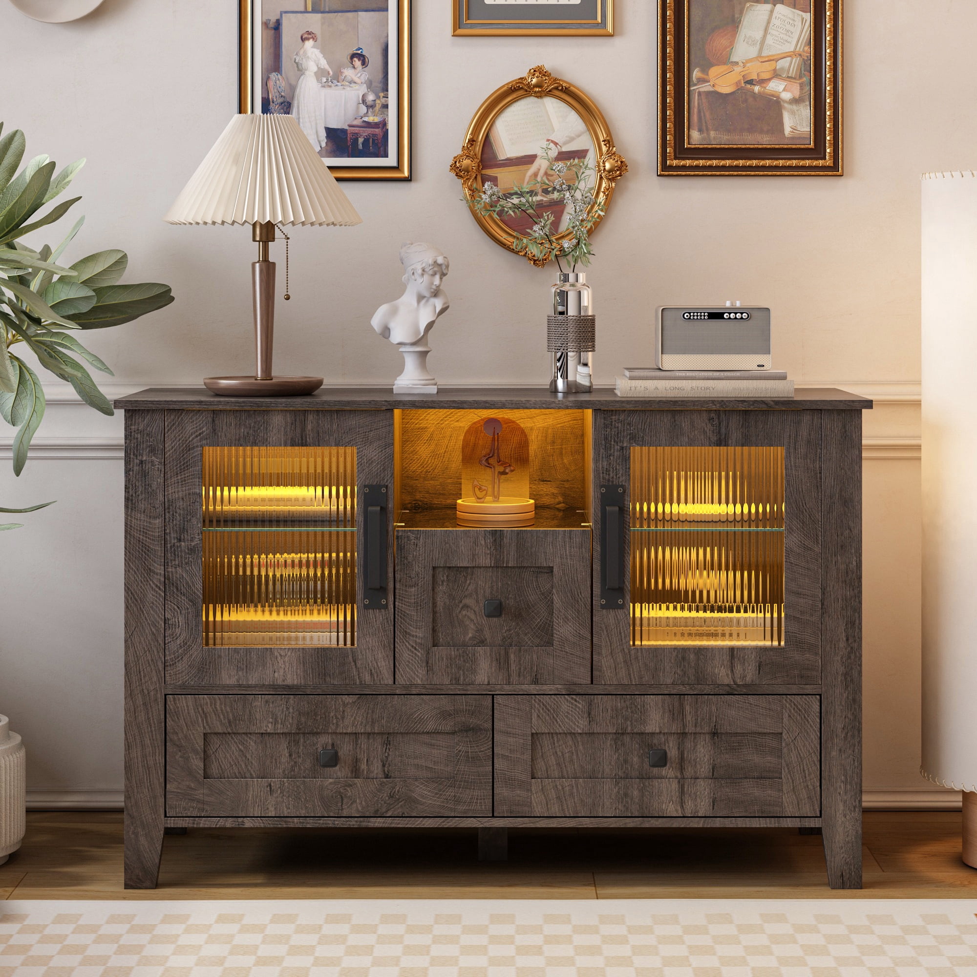 PORKISS Sideboard Cabinet, Modern Sideboard Buffet Cabinet with Lights and Drawers, Coffee Bar Cabinet with Glass Doors and Shelves, Wood Storage Cabinet for Kitchen, Hallway, Gray