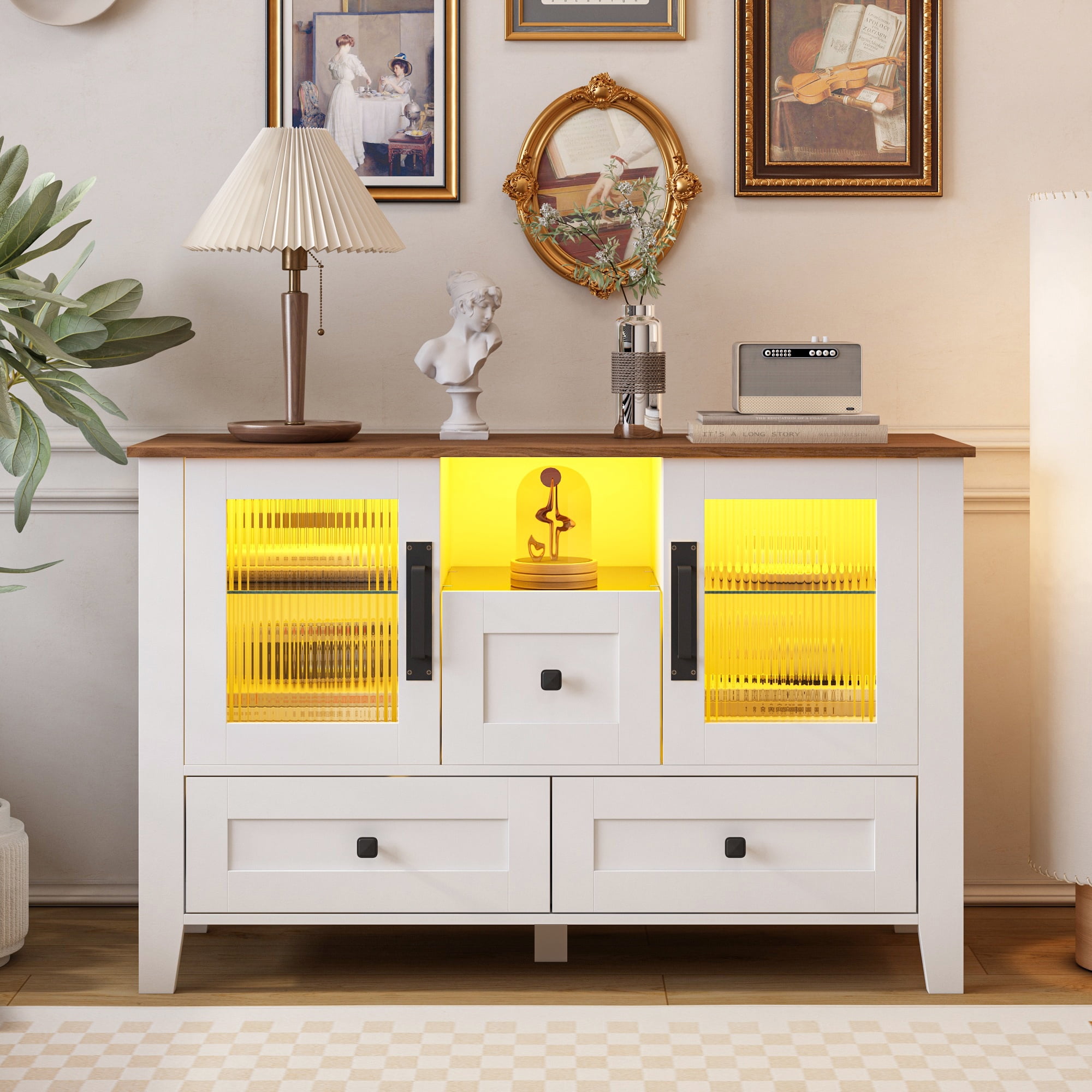 PORKISS Sideboard Cabinet, Modern Sideboard Buffet Cabinet with Lights and Drawers, Coffee Bar Cabinet with Glass Doors and Shelves, Wood Storage Cabinet for Kitchen, Hallway, White/Brown