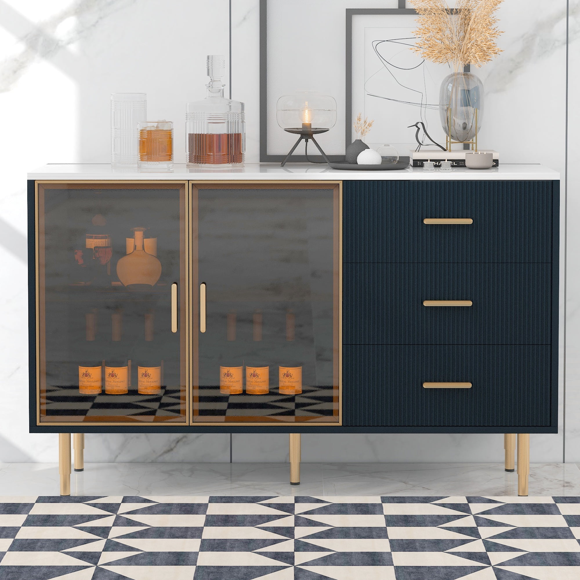 PORKISS Sideboard Cabinet, Wood Sideboard Buffet Cabinet with Marble Sticker Tabletop and Amber-yellow Glass Doors, Modern Storage Cabinet with Metal Legs and Handles, Navy Blue