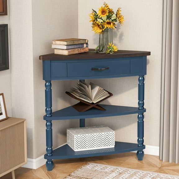 PORKISS Small Triangle Corner Table, End Table Side Table with 1 Drawer Solid Wood Legs, Console Table for Small Spaces/ Living Room, Navy Blue