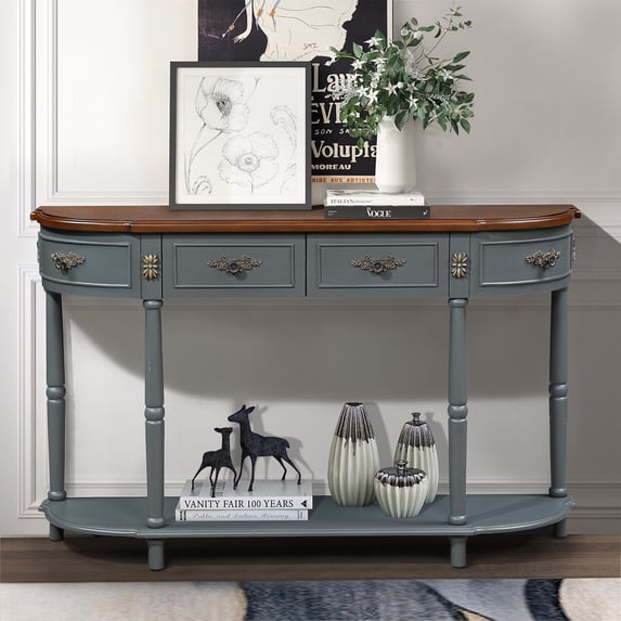 PORKISS Solid Pine Wood Console Table, Entryway Table Hallway Table with 2 Drawers Roman Legs, Retro Sofa Table for Living Room, Foyer, Grey