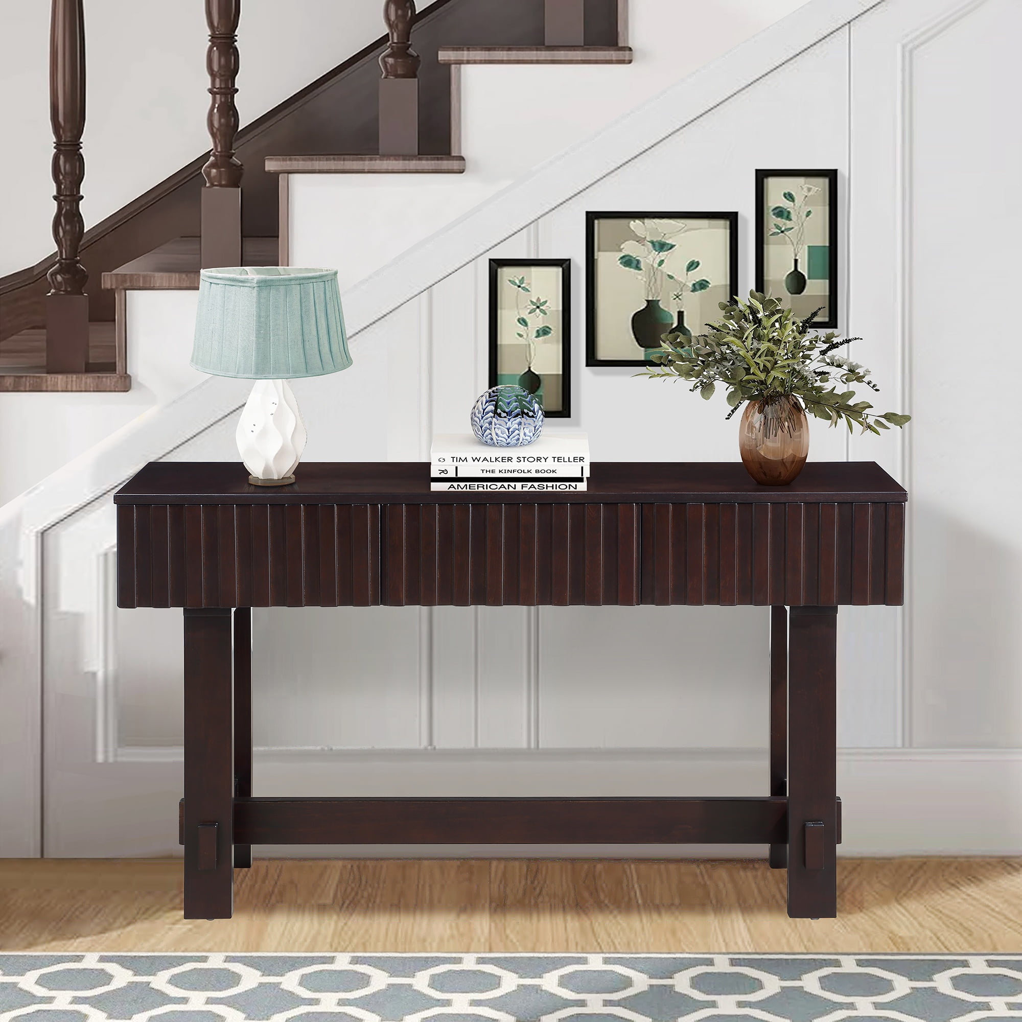 PORKISS Solid Pine Wood Console Table, Entryway Table Hallway Table with 3 Drawers, Retro Sofa Table for Living Room, Foyer, Espresso