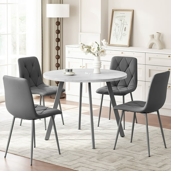 PORKISS Round Dining Table Set for 4, Round Kitchen Table and Chairs Set for 4, Modern Dining Room Table Set with 4 Faux Leather Chairs, Round Dinner Table for Small Space, Gray