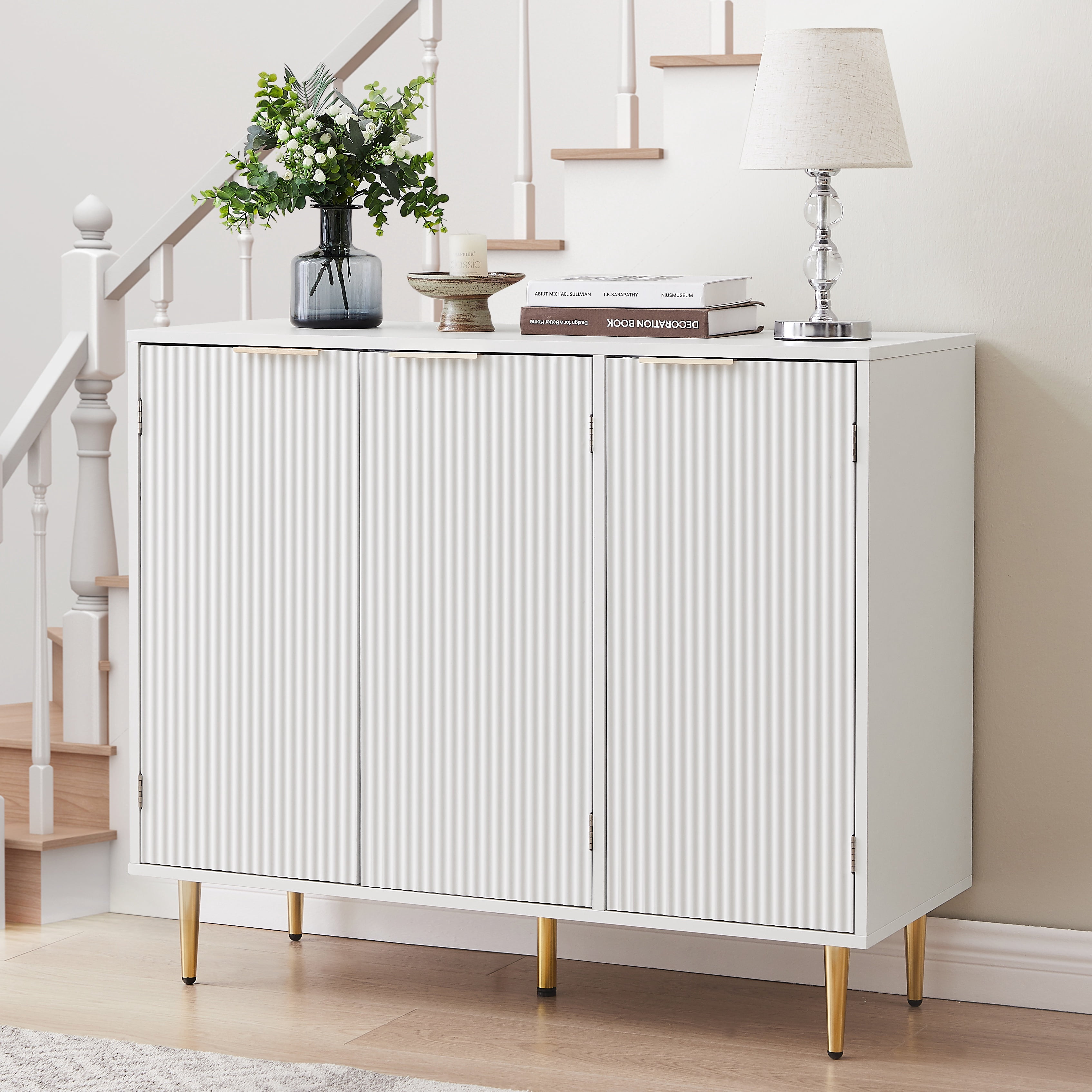 PORKISS Storage Cabinet, Wooden Sideboard Cabinet with 3 Doors, Modern Buffet Cabinet with 6 Compartments, Freestanding Small Storage Cabinet for Living Room, Dining Room, Bedrooom, and Hall, White