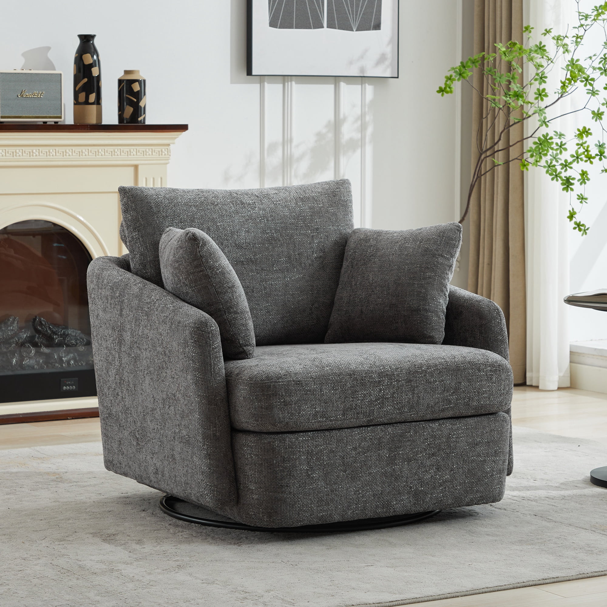 PORKISS Swivel Accent Chair, Modern Barrel Chair with 2 Thorw Pillows, Oversized Comfy Round Armchair Reading Chair, Comfy Chair for Bedroom Living Room, Charcoal