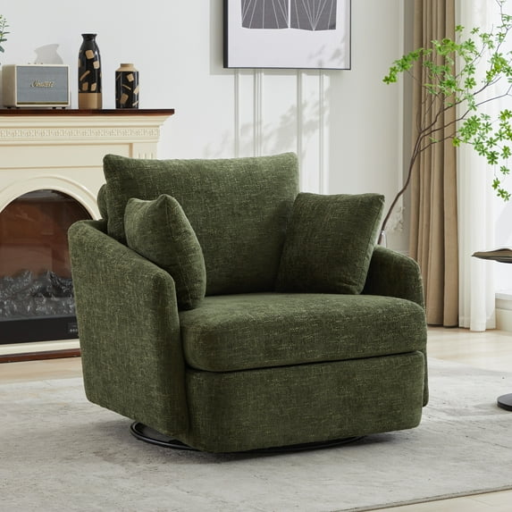 PORKISS Swivel Accent Chair, Modern Barrel Chair with 2 Thorw Pillows, Oversized Comfy Round Armchair Reading Chair, Comfy Chair for Bedroom Living Room, Green
