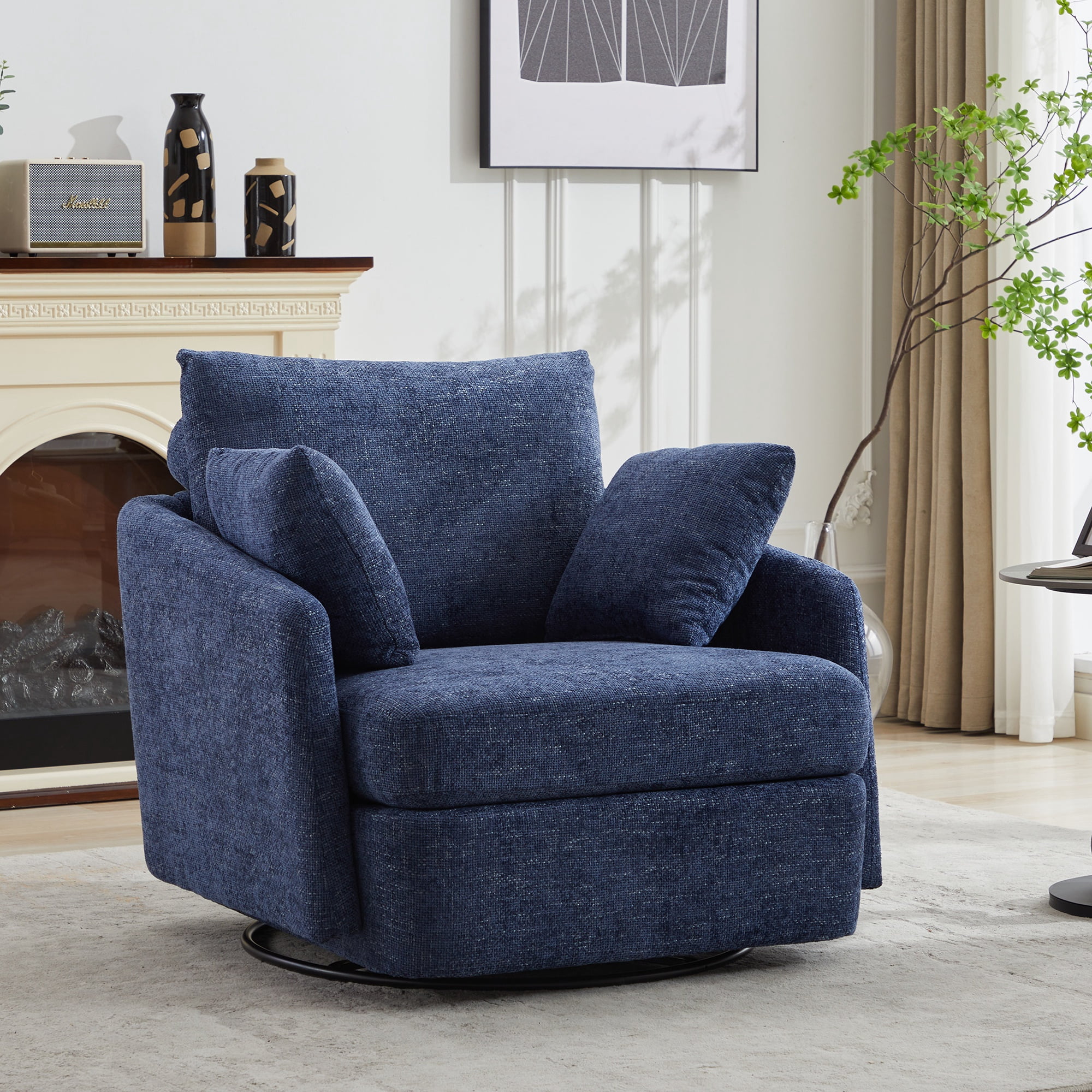 PORKISS Swivel Accent Chair, Modern Barrel Chair with 2 Thorw Pillows, Oversized Comfy Round Armchair Reading Chair, Comfy Chair for Bedroom Living Room, Navy