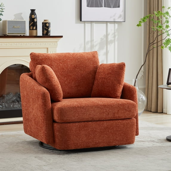 PORKISS Swivel Accent Chair, Modern Barrel Chair with 2 Thorw Pillows, Oversized Comfy Round Armchair Reading Chair, Comfy Chair for Bedroom Living Room, Orange