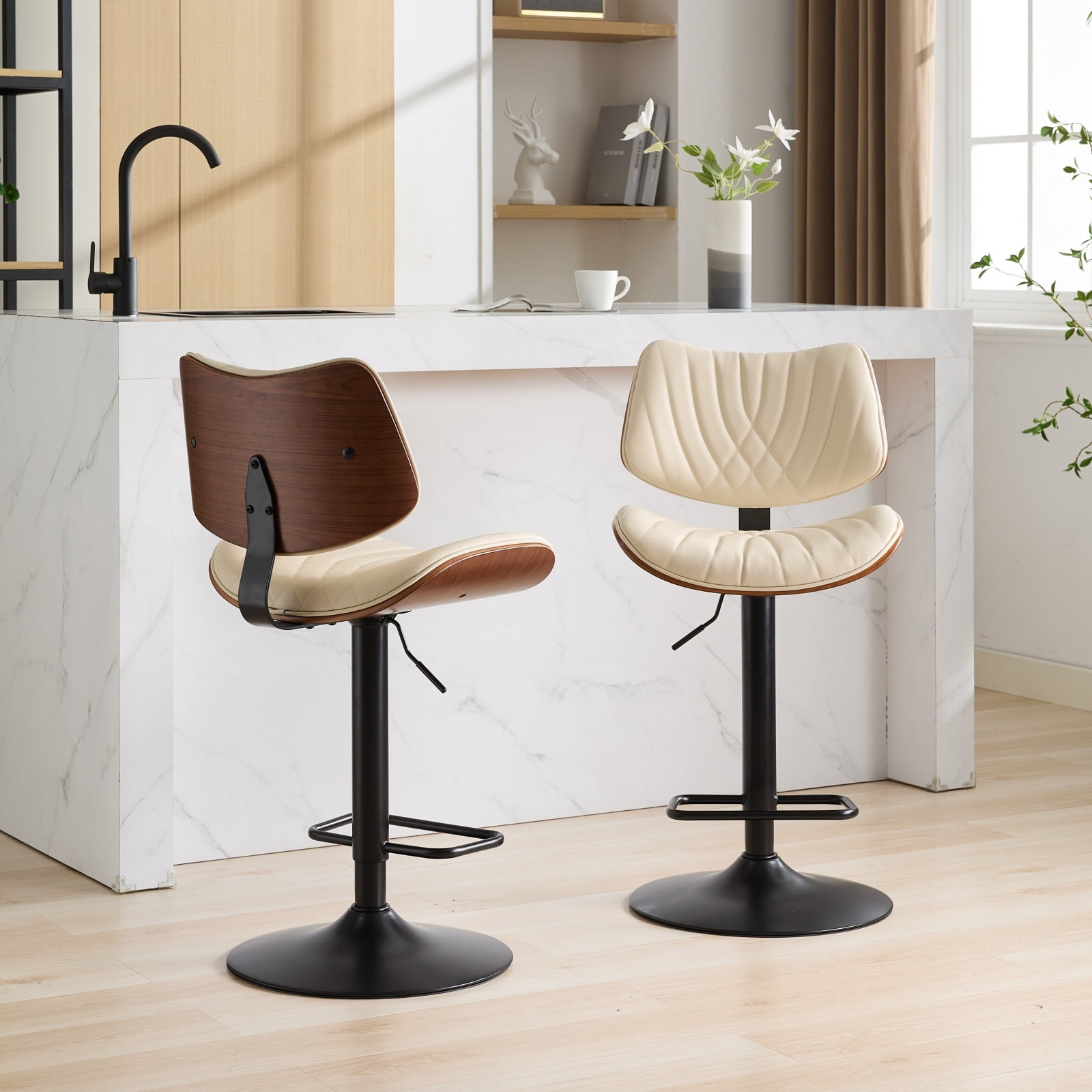 PORKISS Swivel Bar Stools Set of 2, Leather Adjustable Bar Height Stools with 360° Rotation, Modern Upholstered Kitchen Chairs with Back and Footrest for Kitchen Island, Beige