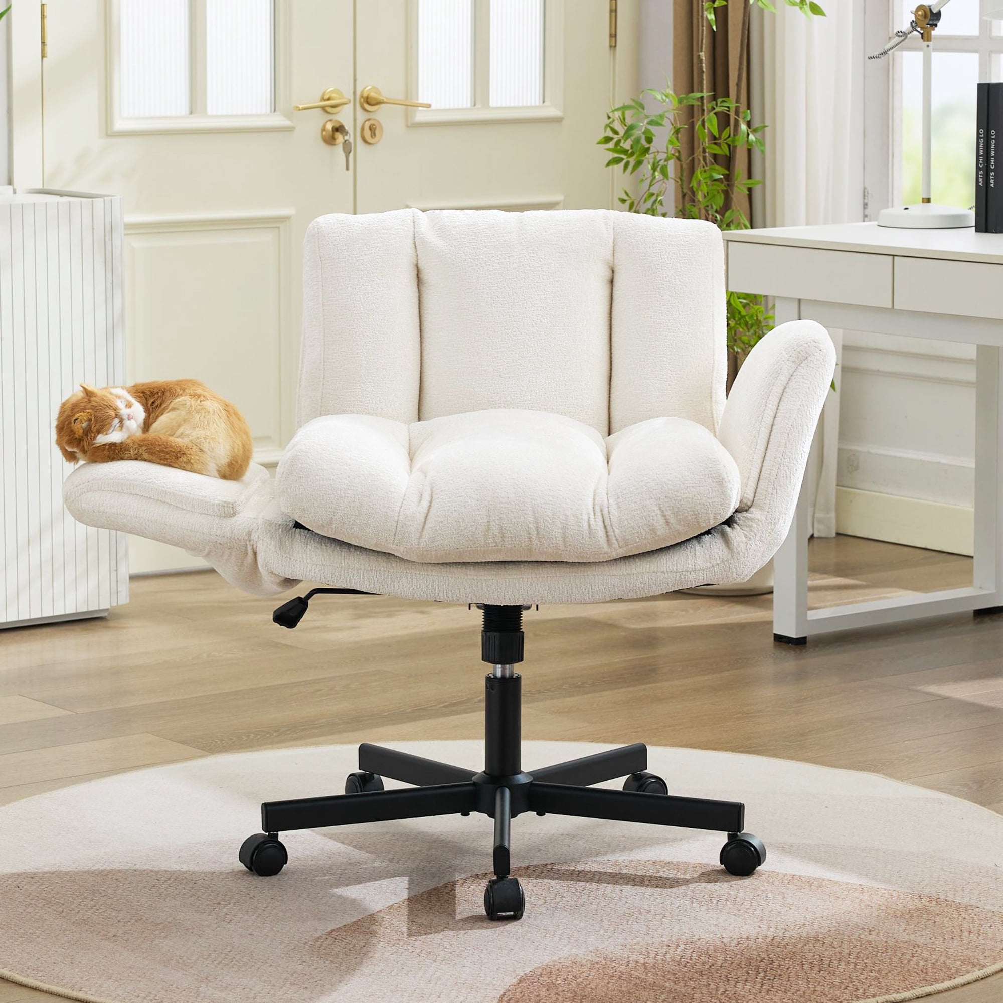 PORKISS Criss Cross Office Chair with Wheels and Foldable Arms, Wide Seat Chenille Swivel Desk Chair, Height Adjustable Vanity Chair for Home Office Bedroom, Beige