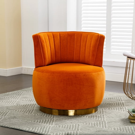 PAPROOS Swivel Accent Chair, Armchair with Velvet Fabric, Barrel Chair with Metal Ring for Living Room, Bedroom, Orange
