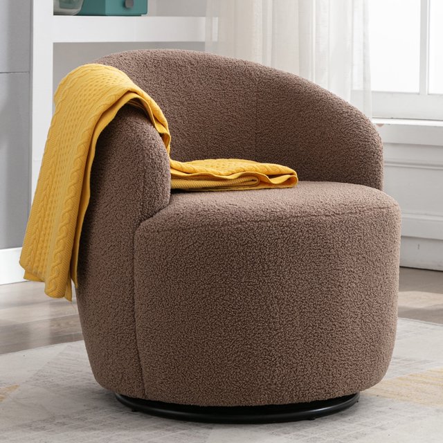 PAPROOS Swivel Accent Chair, Armchair with Teddy Fabric, Barrel Chair with Black Powder Coating Metal Ring for Living Room, Bedroom, Coffee Brown