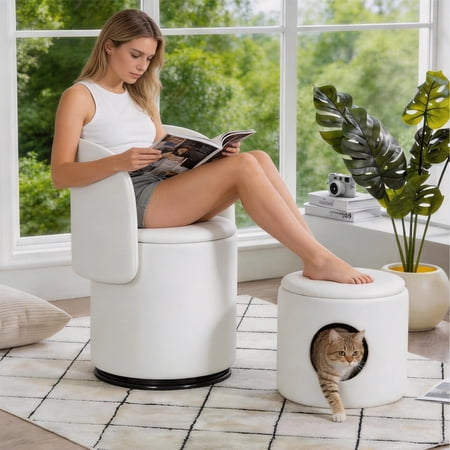 PAPROOS Swivel Accent Chair with Storage and Cat Bed Stool, 360° Upholstered Barrel Chair, Velvet Vanity Chair for Bedroom, Makeup Room, Small Spaces, White-Velvet