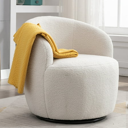 PORKISS Swivel Accent Chair, Armchair with Teddy Fabric, Barrel Chair with Black Powder Coating Metal Ring for Living Room, Bedroom, Ivory White