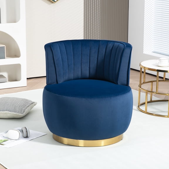 PAPROOS Swivel Accent Chair, Armchair with Velvet Fabric, Barrel Chair with Metal Ring for Living Room, Bedroom, Navy