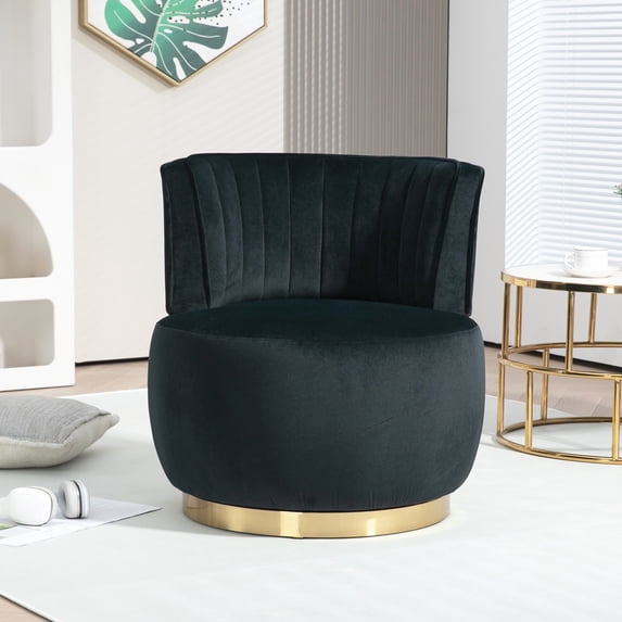 PAPROOS Swivel Accent Chair, Armchair with Velvet Fabric, Barrel Chair with Metal Ring for Living Room, Bedroom, Black
