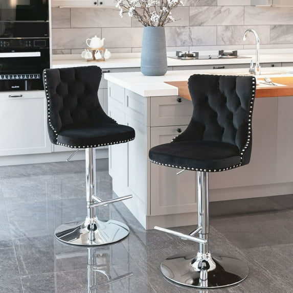 PORKISS Swivel Velvet Bar Stools, Chrome Base Barstools Set of 2 with Tufted Backs, Modern Upholstered Adjustable Seat for Home Pub and Kitchen Island, Black