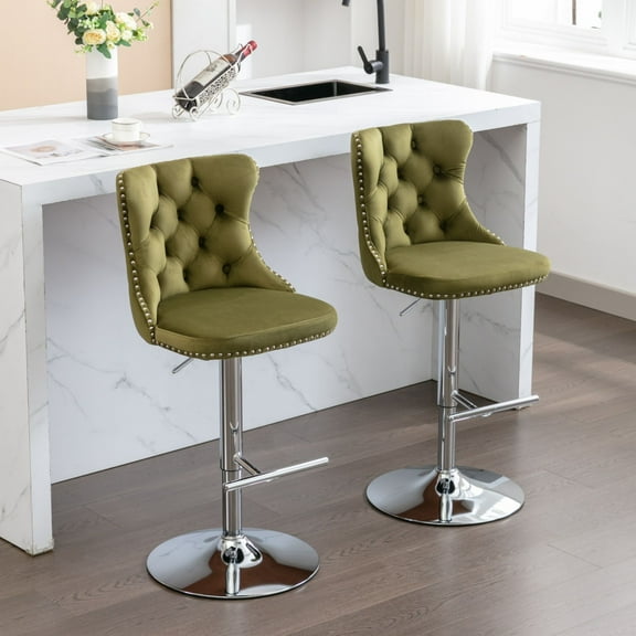 PORKISS Swivel Velvet Bar Stools, Chrome Base Barstools Set of 2 with Tufted Backs, Modern Upholstered Adjustable Seat for Home Pub and Kitchen Island, Olive Green