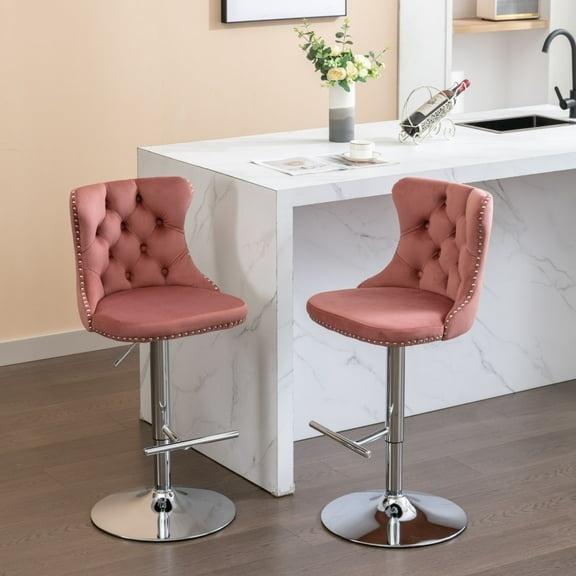 PORKISS Swivel Velvet Bar Stools, Chrome Base Barstools Set of 2 with Tufted Backs, Modern Upholstered Adjustable Seat for Home Pub and Kitchen Island, Pink