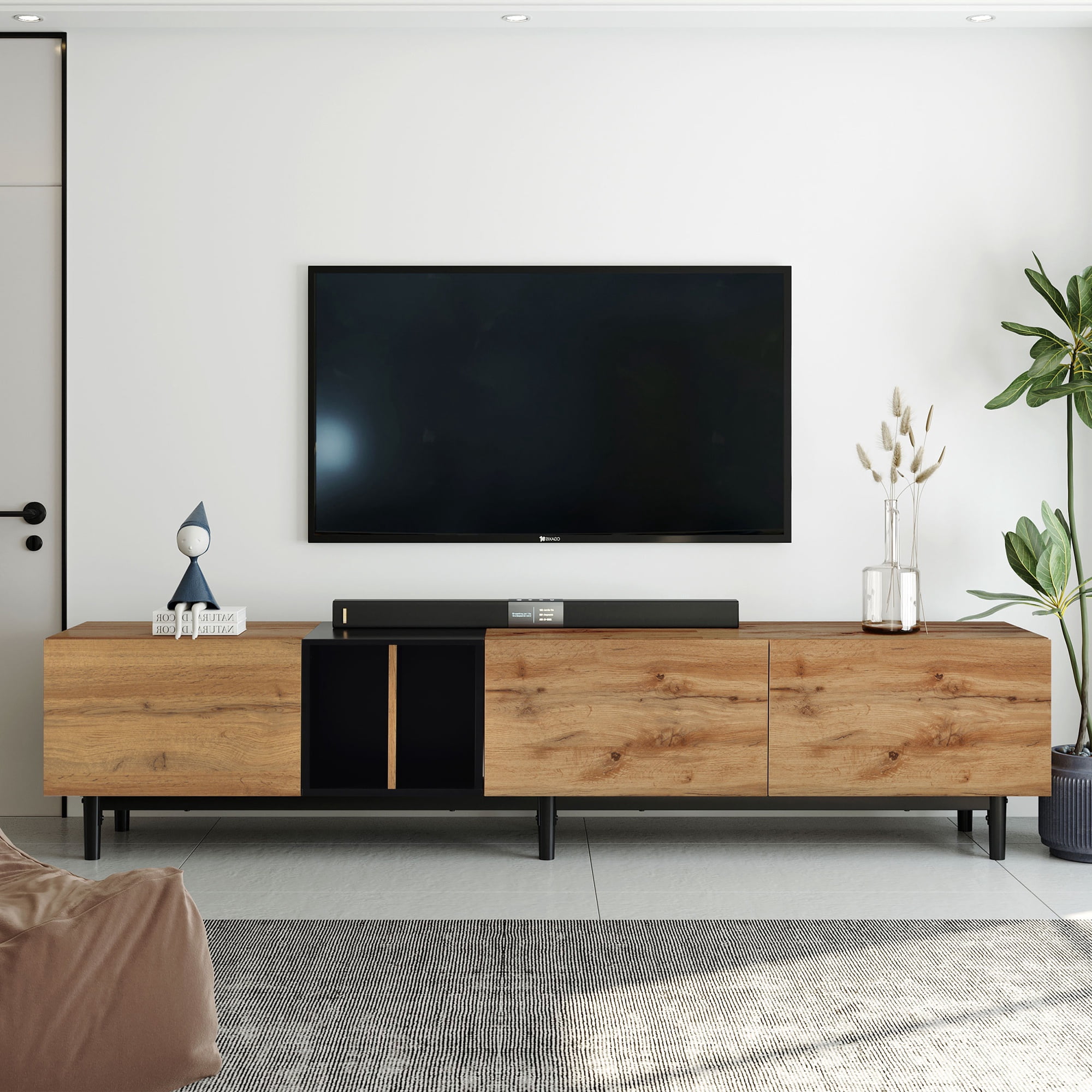 PORKISS TV Stand for 80 Inch TV, Entertainment Center with Storage Shelves, Media Console with Metal Legs for Living Room, Natural Wood