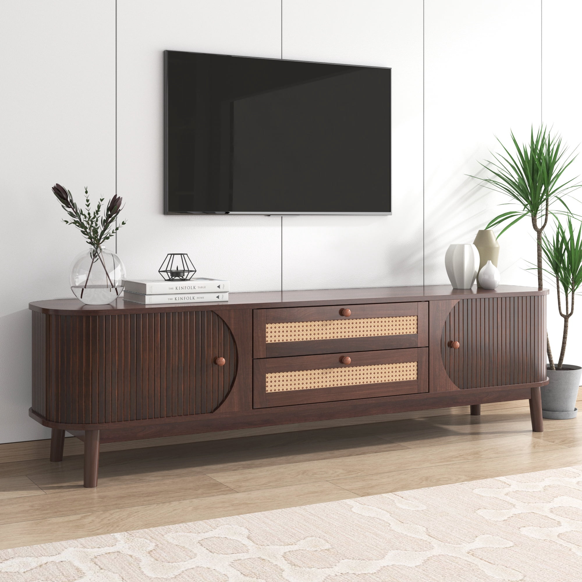 PORKISS TV Stand for 75 Inch TV, Entertainment Center with Storage Shelves, Media Console with Solid Wood Legs for Living Room, Brown