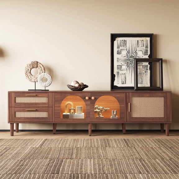 PORKISS LED TV Stand for 80 Inch TV, Entertainment Center with LED Lights and Storage Shelves, Media Console with Glass Transparent Board for Living Room, Dark Brown