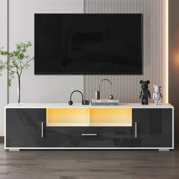 PORKISS LED TV Stand for 65/70 inch TV, PS5 Gaming Entertainment Center for TVs with Storage Cabinet for Living Room, TV Console Cabinet, White+Dark Gray