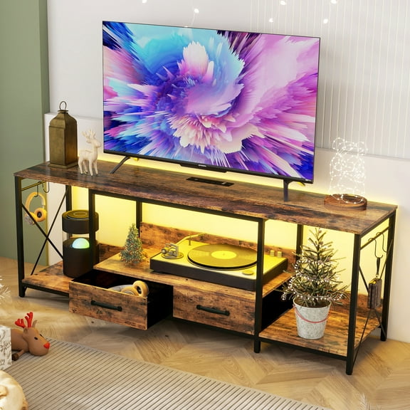 PORKISS TV Stand for TVs up to 75", Entertainment Center with LED Light, Power Outlets, TV Console Cabinet with Open Storage Shelves, Brown