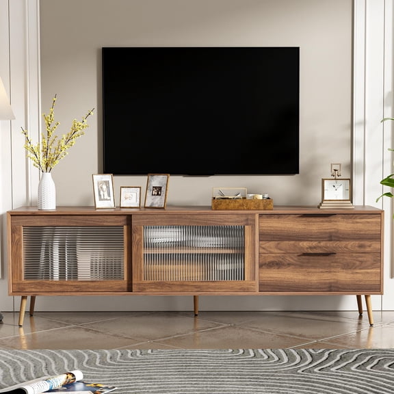 PAPROOS 70” TV Stand for TVs up to 80”, Entertainment Center with 2 Drawers, 2 Cable Holes and 2 Sliding Doors, Mid-Century Modern TV Console with Wood Legs for Living Room, Bedroom, Walnut