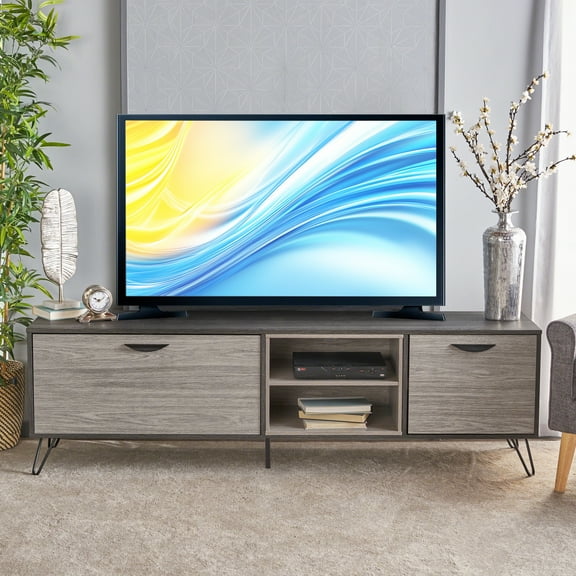 PORKISS TV Stand for 65-75-79 inch TV, Mid Century Entertainment Center, Media Console Table with Storage for Living Room, Grey