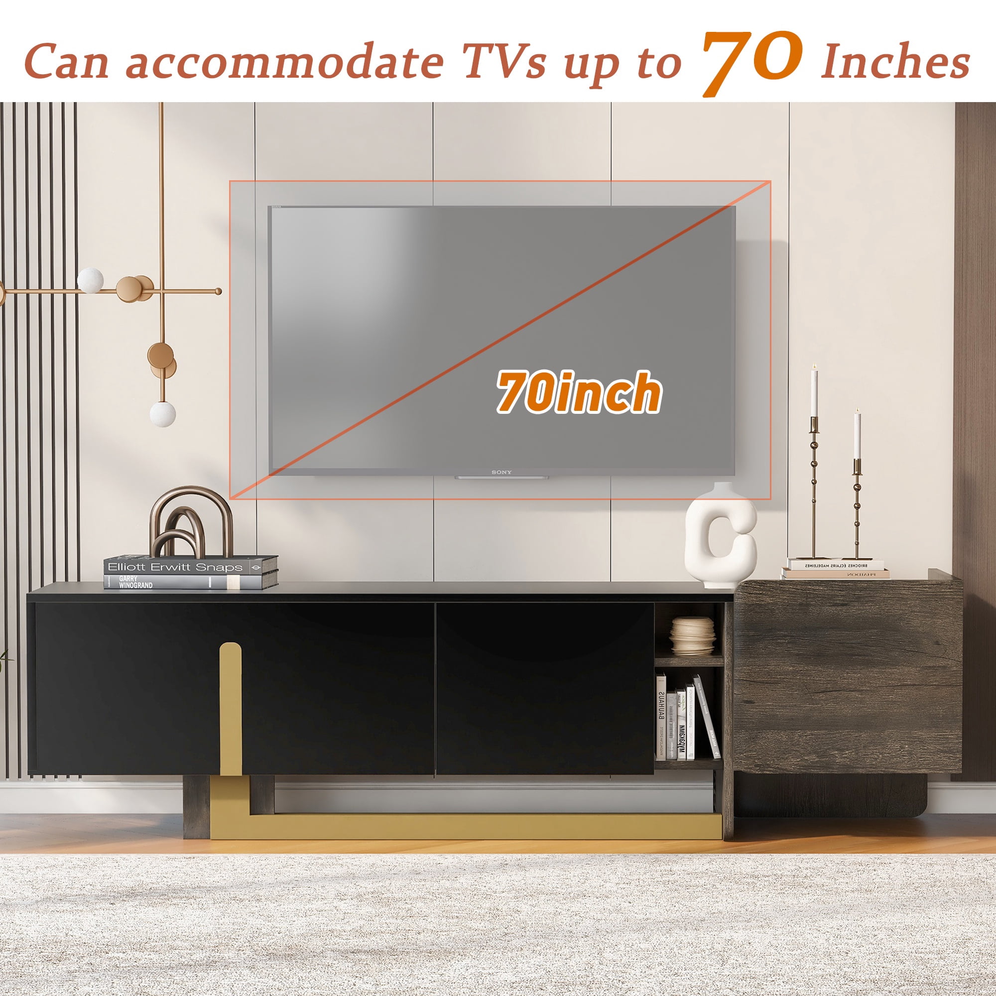 PORKISS Modern TV Stand for TVs up to 70 Inches, Wood TV Console with Gold Metal Base, Media Console Cabinet with Drawer & Adjustable Shelves, for Living Room, Black