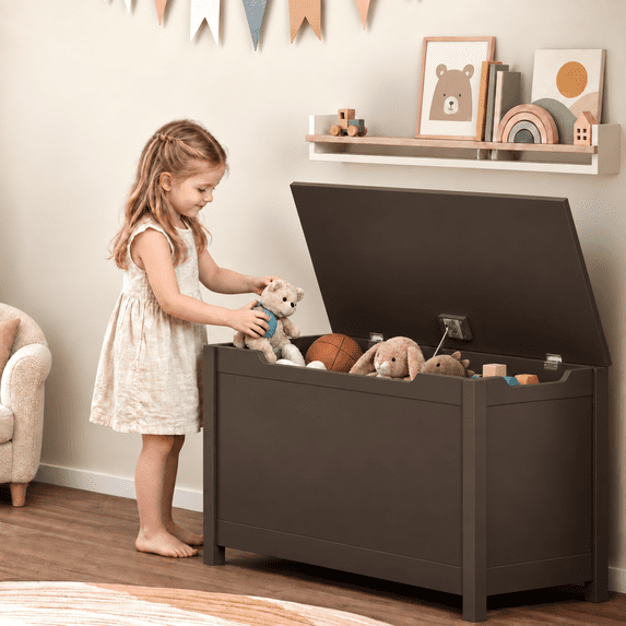 PAPROOS Kids Toy Box for Boys Girls, Wooden Toy Chest with Storage Bench and Safety-Hinged Lid, Modern Toy Storage Organizer for Playroom, Living Room, Toddler Room, Coffee