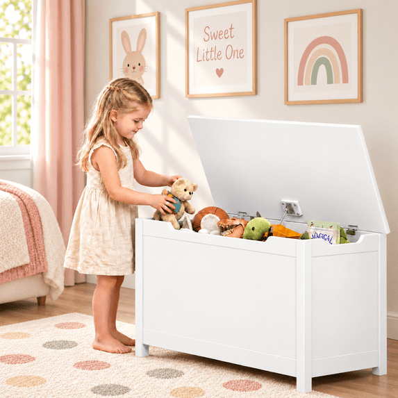 PAPROOS Kids Toy Box for Boys Girls, Wooden Toy Chest with Storage Bench and Safety-Hinged Lid, Modern Toy Storage Organizer for Playroom, Living Room, Toddler Room, White