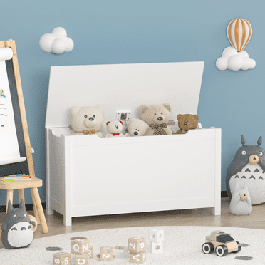 PORKISS Toy Box  for Boys Girls, Wooden Kids Toy Chest with Storage Bench and Safety Hinged Lid, Modern Toy Storage Organizer for Living Room, Bedroom, Toddler Room, White
