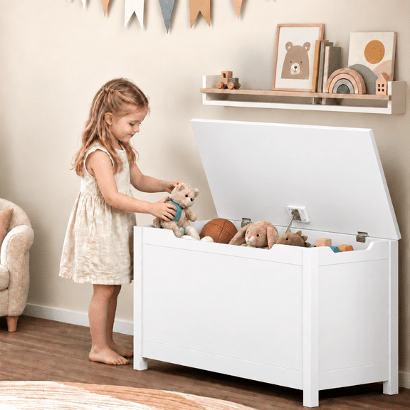 PAPROOS Kids Toy Box for Boys Girls, Wooden Toy Chest with Storage Bench and Safety-Hinged Lid, Modern Toy Storage Organizer for Playroom, Living Room, Toddler Room, White