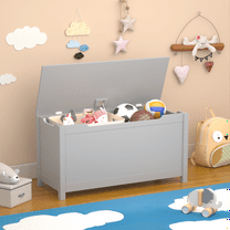 PORKISS Toy Box  for Boys Girls, Wooden Kids Toy Chest with Storage Bench and Safety Hinged Lid, Modern Toy Storage Organizer for Living Room, Bedroom, Toddler Room, Gray