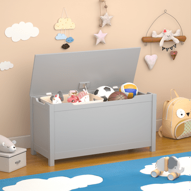 PORKISS Toy Box  for Boys Girls, Wooden Kids Toy Chest with Storage Bench and Safety Hinged Lid, Modern Toy Storage Organizer for Living Room, Bedroom, Toddler Room, Gray