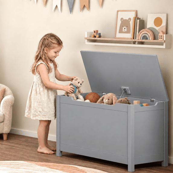 PAPROOS Kids Toy Box for Boys Girls, Wooden Toy Chest with Storage Bench and Safety-Hinged Lid, Modern Toy Storage Organizer for Playroom, Living Room, Toddler Room, Grey