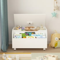 PORKISS Kids Toy Box, Wooden Toy Storage Organizer for Boys Girls with Front Bookshelf, Flip-Top Lid, Safety Hinge, Modern Toy Chest Bench with 4 Wheels for Playroom, Bedroom, White