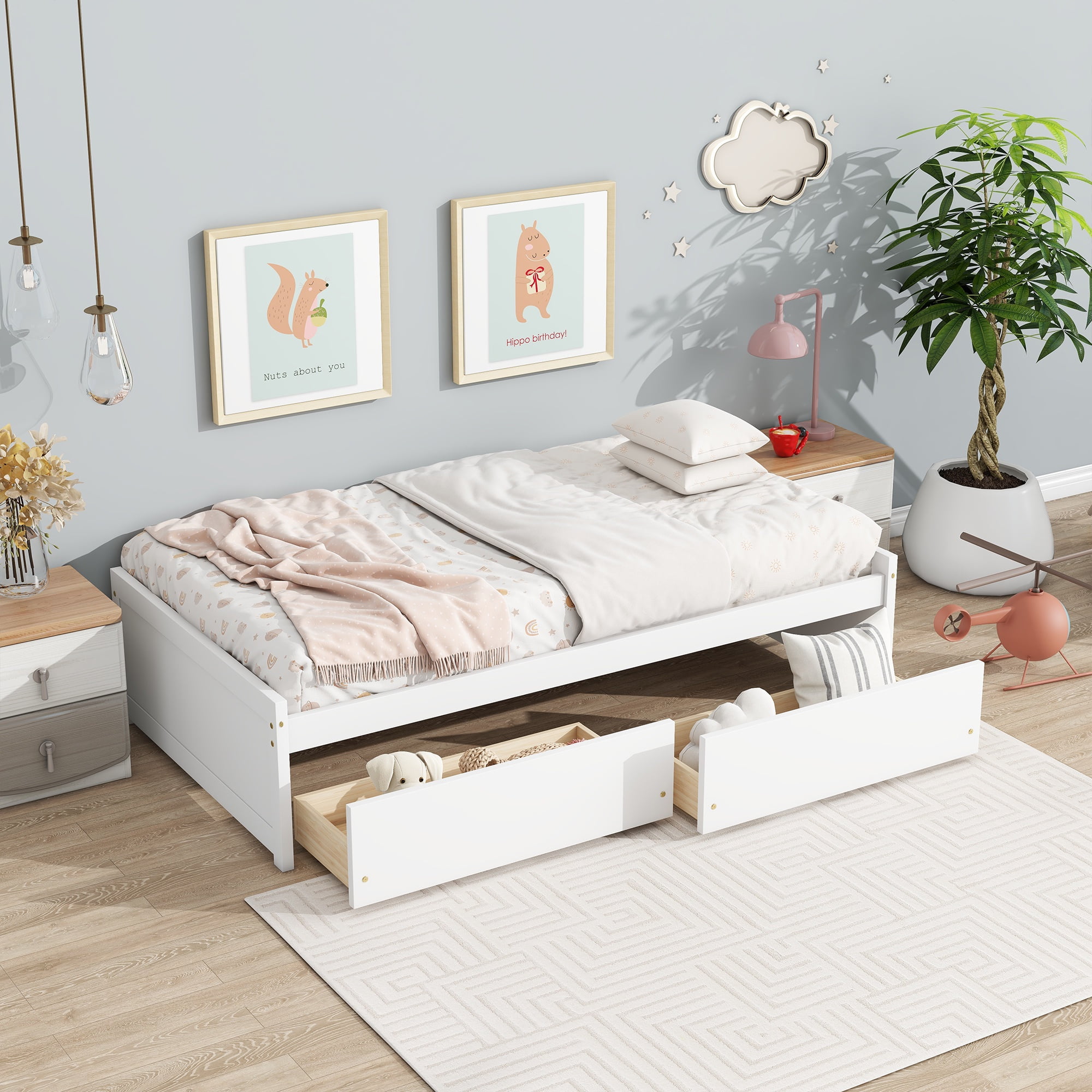 PORKISS Twin Bed Frame, Solid Wood Platform Bed with 2 Drawers, Pine Wood Bed for Kids Teens Adults, No Box Spring Needed, Grey A