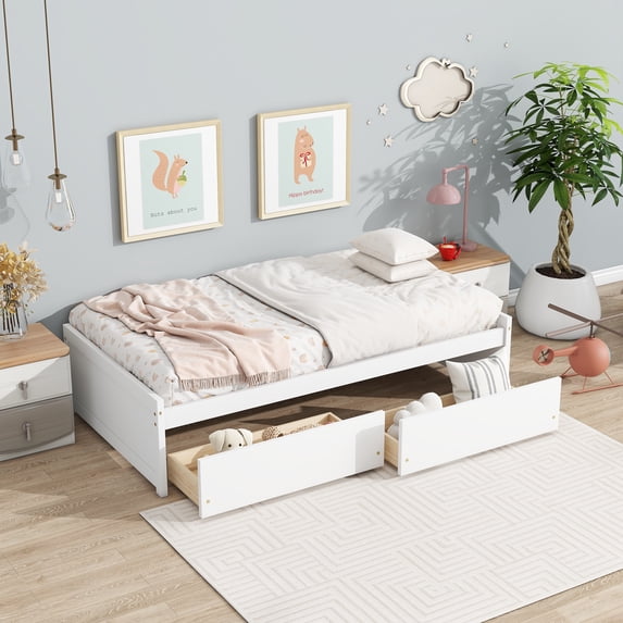 PORKISS Twin Bed Frame, Solid Wood Platform Bed with 2 Drawers, Pine Wood Bed for Kids Teens Adults, No Box Spring Needed, Grey A