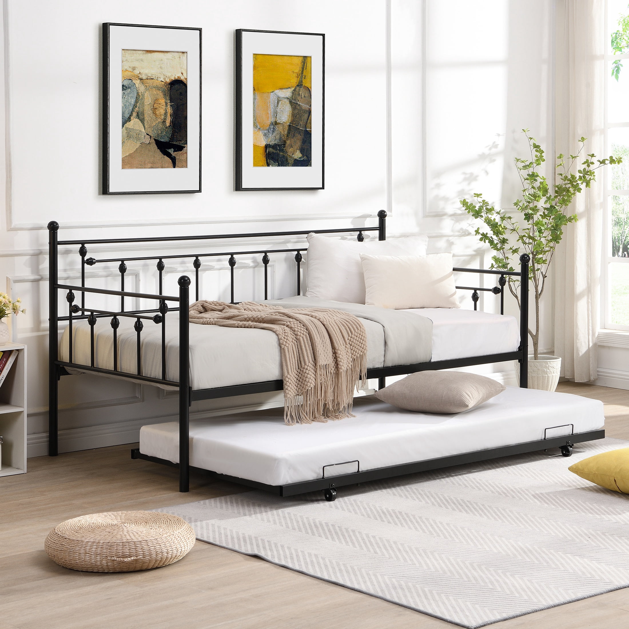 PORKISS Daybed with Trundle Bed, Twin Bed Frame, Metal Sofa Bed with Strong Supports for Living Room, Bedroom, and Guest Room, Black#2
