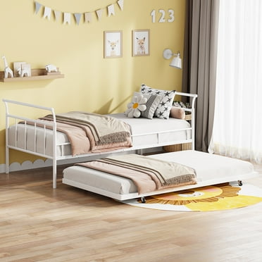 PORKISS Twin Bed Frame with Trundle and Fence Guardrails, Upgrade Metal Platform Bed Frame, No Box Spring Needed, White