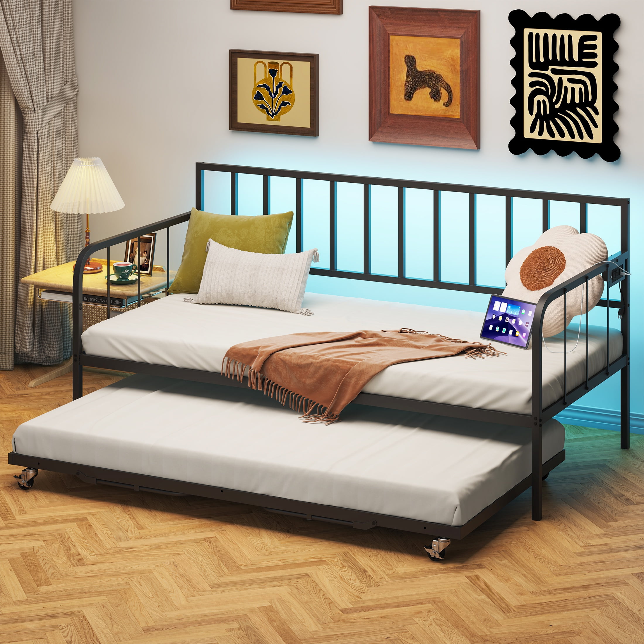 PORKISS Daybed with Trundle Bed and LED Light, Twin Bed Frame with Charging Station, Metal Sofa Bed with Strong Supports for Living Room, Bedroom, and Guest Room, Black