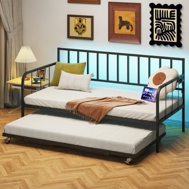 PORKISS Daybed with Trundle Bed and LED Light, Twin Bed Frame with Charging Station, Metal Sofa Bed with Strong Supports for Living Room, Bedroom, and Guest Room, Black