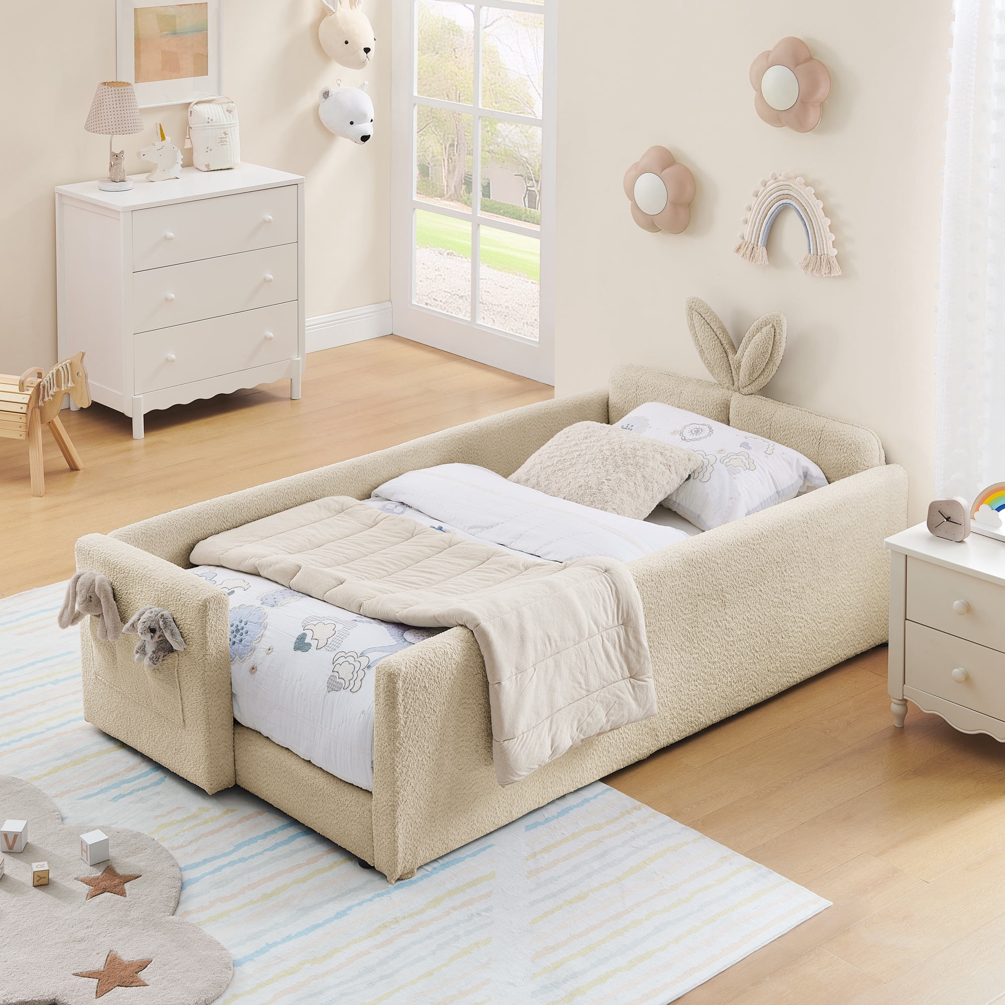 PORKISS Twin Bed Frames for Kids, Boucle Upholstered Platform Bed Frame with Safety Rails, Cute Bunny Ear Cartoon Bed with Storage Pocket, Camel