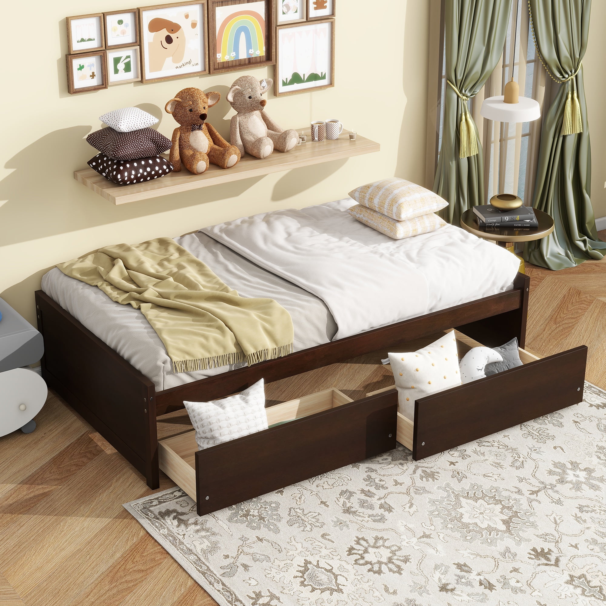 PORKISS Twin Bed Frame, Solid Wood Platform Bed with 2 Drawers, Pine Wood Bed for Kids Teens Adults, No Box Spring Needed, Espresso