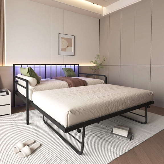 PORKISS LED Twin Daybed with Trundle, Metal Frame, Charging Station, Twin Size Bed Frame, No Box Spring Needed, Black
