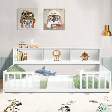 PORKISS Twin Floor Bed Frame with Bookcase and Fence, Wood Kids Floor Bed with Storage Shelves, Montessori Bed, White